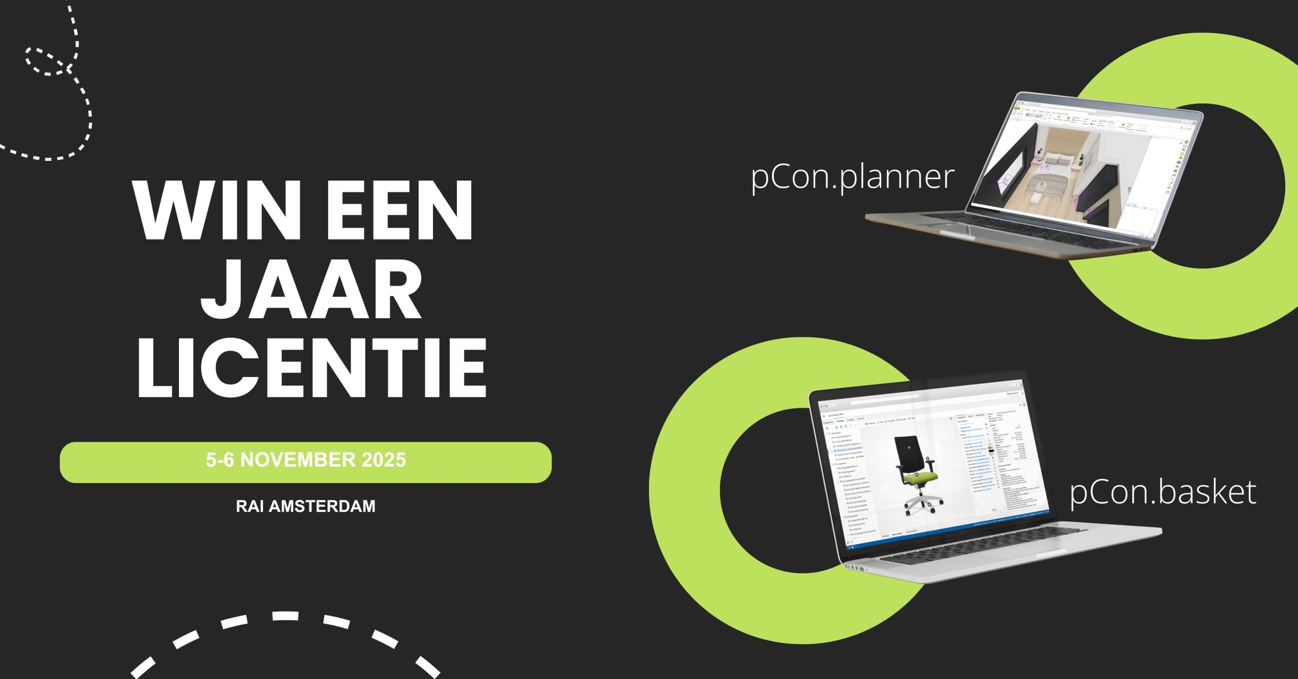 Promo om een jaar licentie te winnen tijdens Workspace Design Show Amsterdam 2025 voor pCon.planner of pCon.basket.